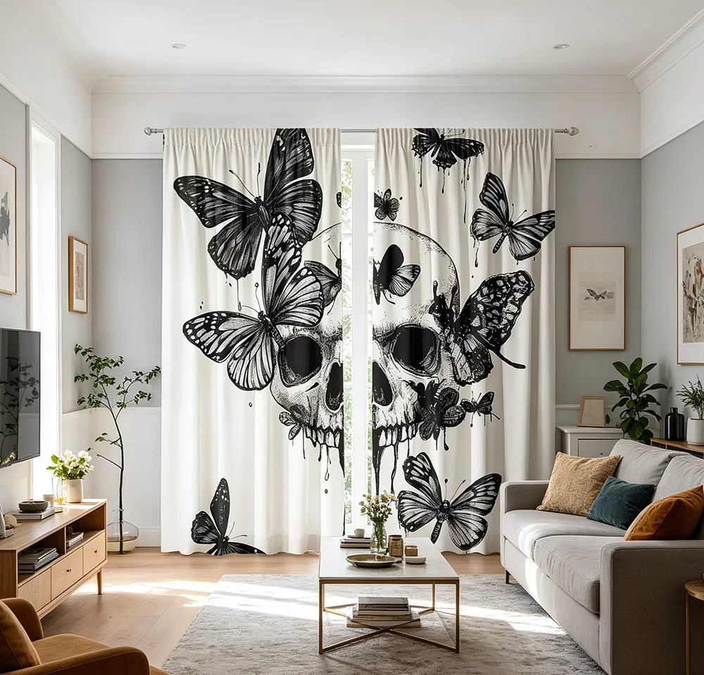 2PCS Digital Printed Curtains with Skull Butterfly Design, Stylish Window Drapes for Living Room Bedroom Home Decoration