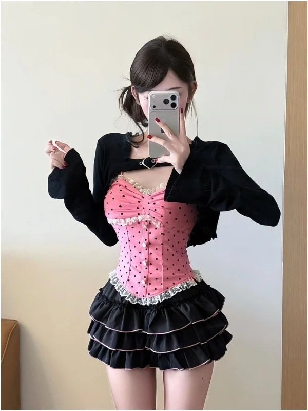 

Black Polka Dot Cake Skirt Set Y2K Sweet And Spicy Girl Sensation Puffy Outerwear Three Piece Set for Women Spring Summer