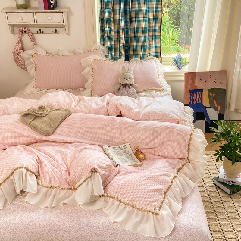 Korean Princess Style Bedding Sets For Girls 2026 Cute Ruffles Washed Cotton Pink Blue Duvet Cover Set Dormitory Bed Sheet