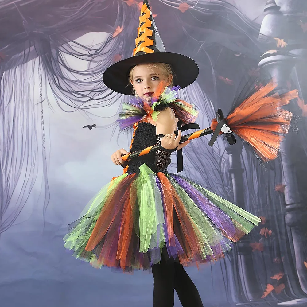 Girls Halloween Witch Tutu Dress Handmade Carnival Costume for Children Party Prom Dresses Kids Photo Clothes Fancy Dress