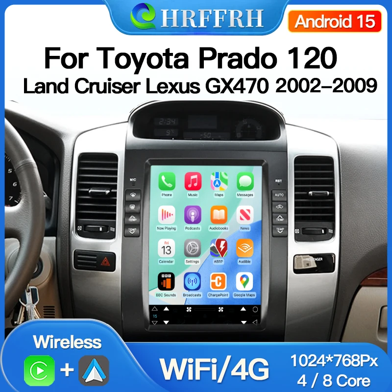 

Android 15 For Prado 120 Lexus Gx470 Toyota Land Cruiser Player CarPlay Auto Multimedia Tesla Style Screen WIFI Car Radio GPS 4G
