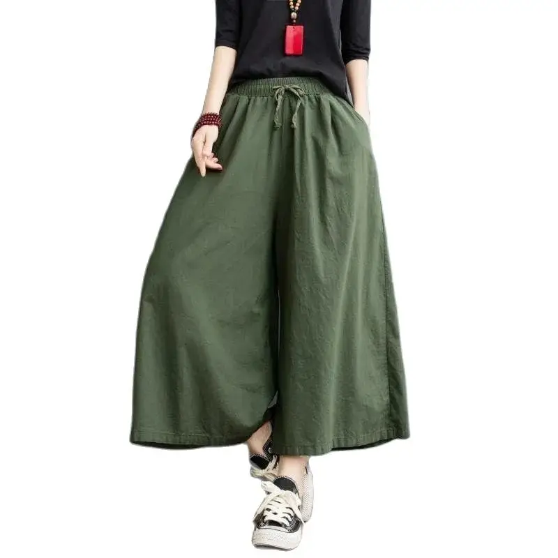 

Cotton Linen Casual Women's Wide-Leg Pants Eight-Point Culottes 20223 Summer New Loose High-Waisted Big-Leg Pants Female