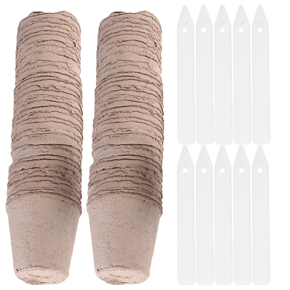 

100pcs Nursery Cup Flower Pots Label Set Biodegradable Cultivation Paper Pot For Garden Plant Starters Vintage Style Seedling