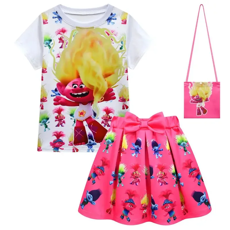 111 www Kids Halloween Queen Trollsing 3 Fantasy Dress Girls Clothes Sets Summer Cartoon Print T-Shirt+skirt Bag Short Sleeve To