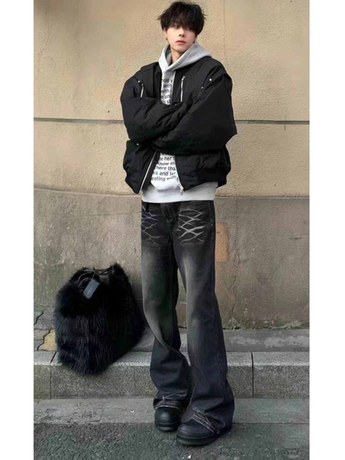 

American Retro Men's Extended Tall Wide Leg Jeans High Street Vibe Trendy Brand Loose Fit Bell Bot Youth Sle