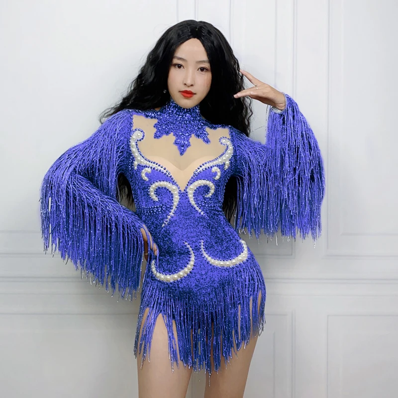 9 Colors Fringed Sleeves Rhinestones Bodysuit Women Party Stretch Clothing Drag Queen Costume Stage Dj Ds Festival Outfit XS6947