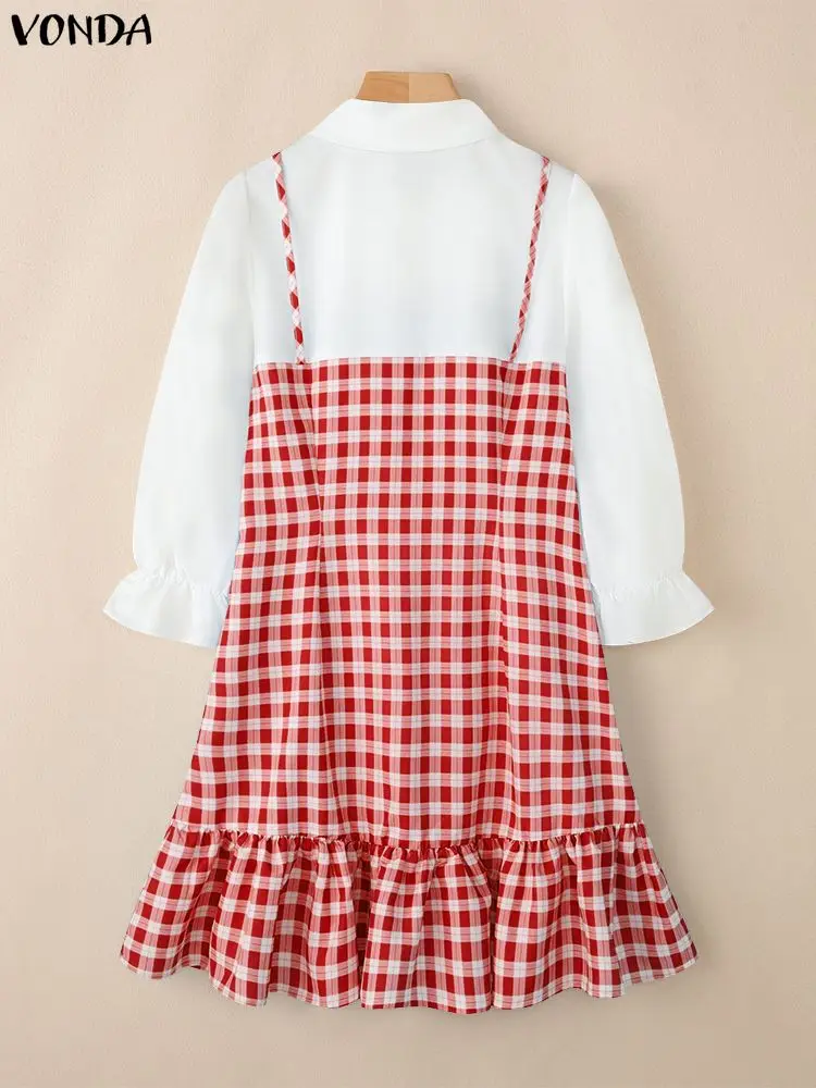 VONDA 보헤미안 짧은 드레스 여름 여성 3/4 퍼프 슬리브 캐주얼 격자 무늬 베스 티드 루즈 라펠 러플 스트리트 패치 워크 파티 로브