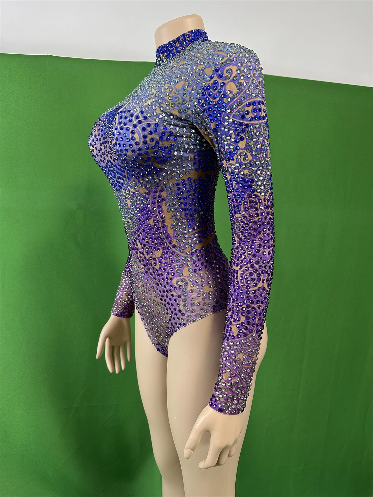 Blue Bodysuits Women Sparkly Long Sleeve Rhinestone Dance Leotard Stage Performance Costume