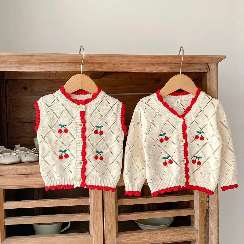 

Cute Baby Girl Sweater 0-3Years Newborn Princess Long Sleeve Cherry Embroidery Cardigan Knitted Waistcoat Outwear Autumn Clothes