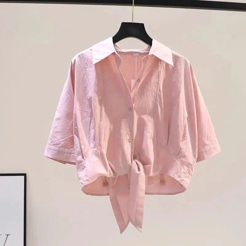 

Solid Breathable Cotton Wrap Tops Loose Batwing Sleeve Summer Crop Top Knot Hem Lace Up Unique Shirt Blouse Sweet Elegant Women