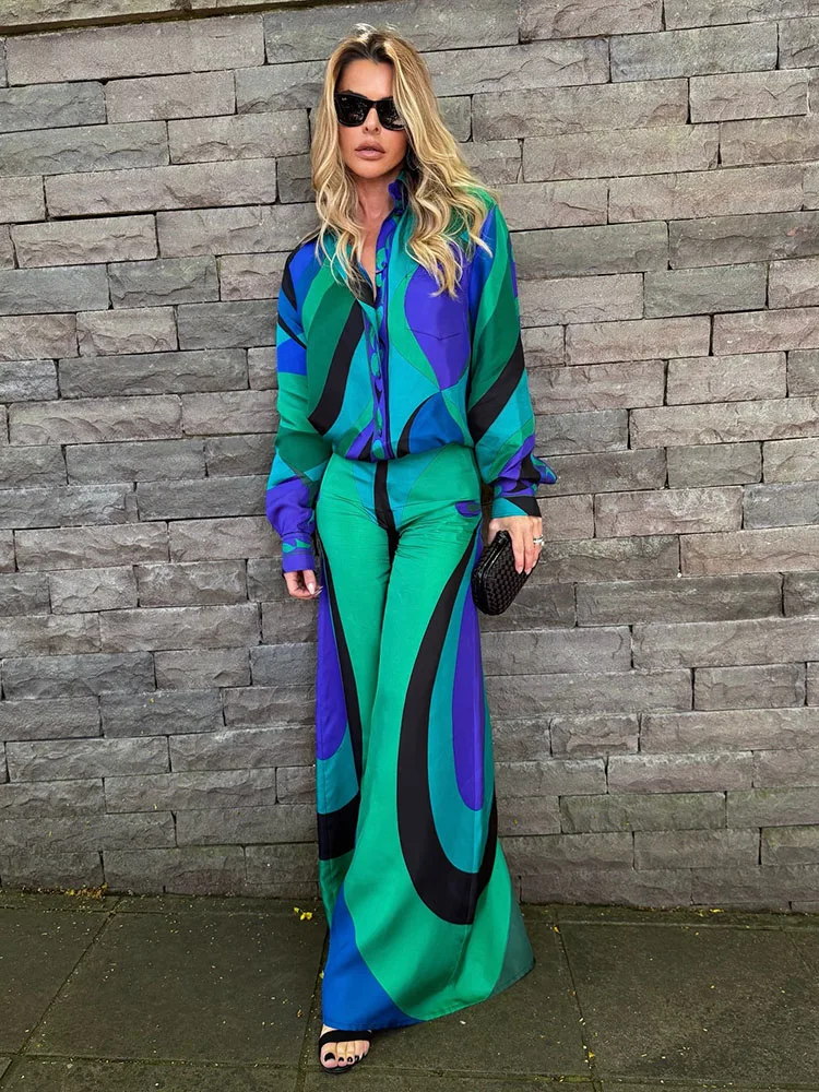 

Runway designer spring summer women's silk blouse long-sleeved collared geometric print silk casual shirt