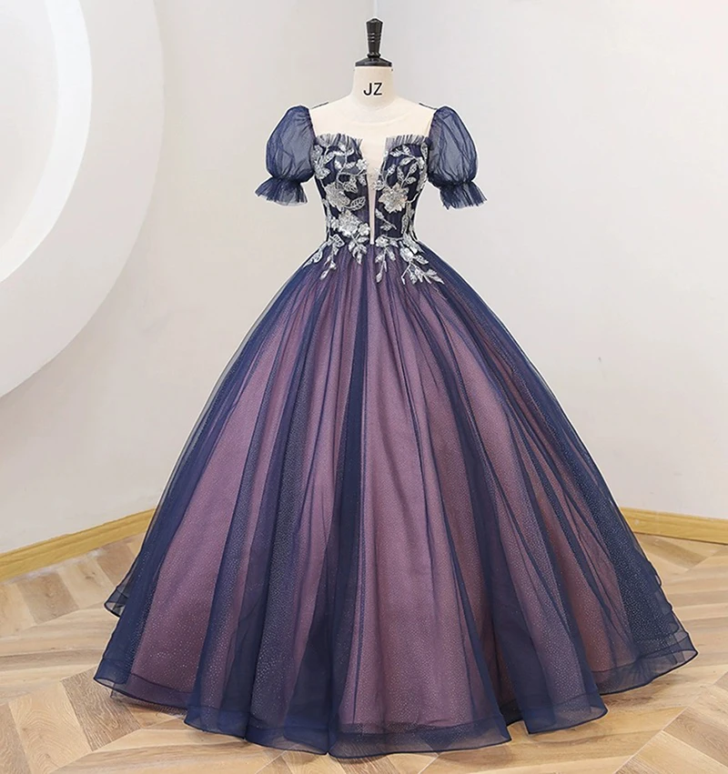 Navy Princess Quinceanera abiti maniche corte scollo a V paillettes Appliqued Party Sweet 16 Gown Vestidos De 15 asenos Robe De Soirée