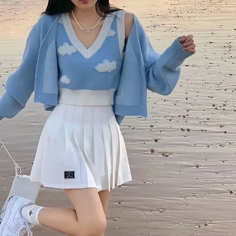 Autumn Winter Women Soft Blue Sky White Clouds Sweater Coat Gentle Knitted Cardigan + V-neck Camis Vest Tops Suit Two-piece Set