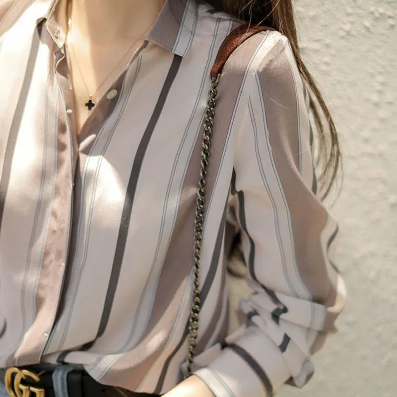 Female Clothing Casual Striped Single-breasted Blouse Spring Autumn Long Sleeve Fashion Turn-down Collar All-match Chiffon Shirt