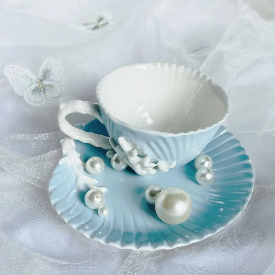 Ocean Blue Coral Shell Pattern Coffee Cup and Plate European Ceramic Milk Cup Hand-painted Relief Underglaze Color Matte Mug