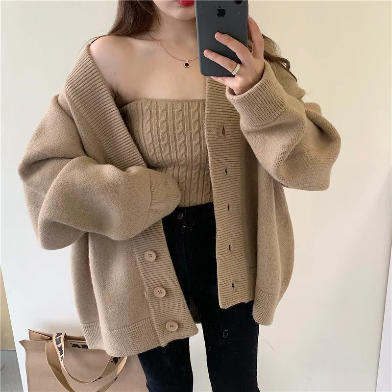 

Women Solid Color Cardigan Vest 2Pcs Set Sexy Slim Strapless Vest+Loose V-Neck Long Sleeve Sweater Coat New Spring Vintage Suits