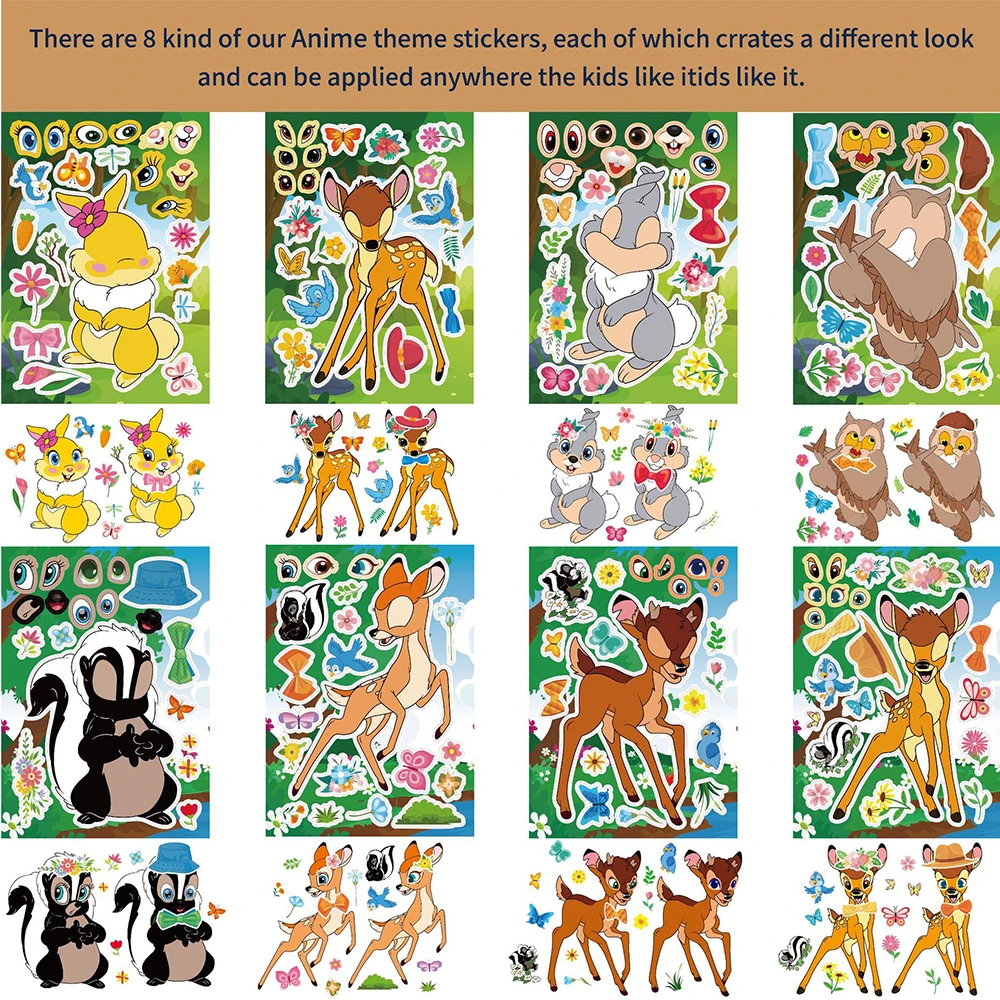 Autocollants de puzzle de dessin animé Disney Bambi pour enfants, faire un visage, assembler des décalcomanies de puzzle, drôle, fête d'anniversaire, jouet cadeau, 8 feuilles, 16 feuilles