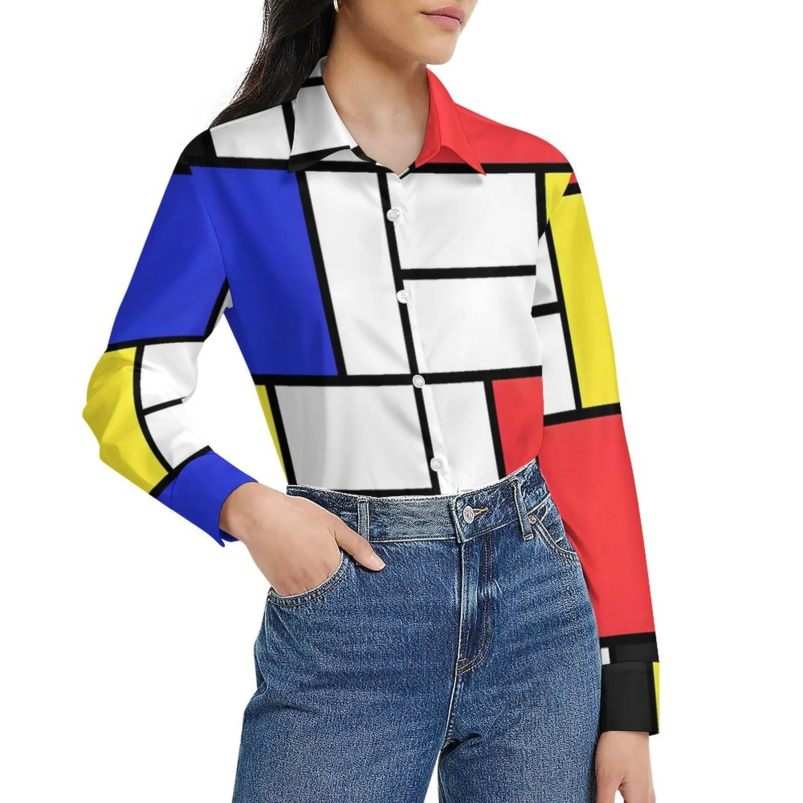 

Блузка Mondrian с шахматным принтом, элегантный дизайн, блузки, женские корейские модные рубашки с длинными рукавами, летняя одежда больших размеров