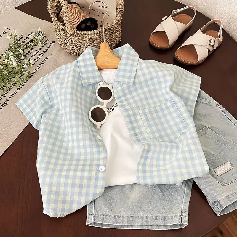 2025 New Summer Kids' Short Sleeve Plaid Shirt Boys' Lightweight Stylish Half Sleeve Top Toddler Kids Fashion