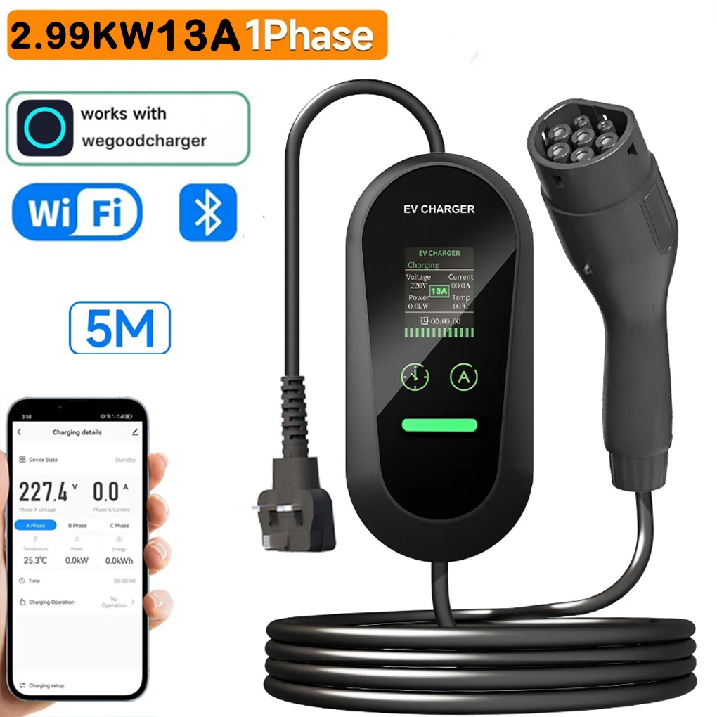 

13A 2,99 кВт 5 м портативное зарядное устройство для электромобилей, управление через приложение, новый энергетический автомобиль, европейский стандарт с сумкой/крючком/настенным кронштейном