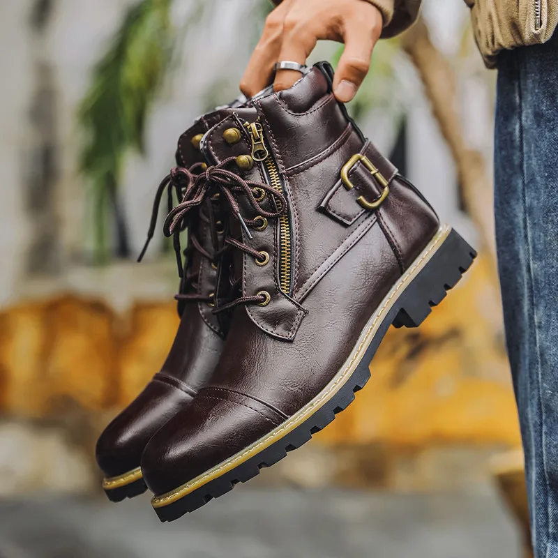 Autumn Winter Fashion Men Leather Boots Metal Double Zipper Motorcycle Boots Oxford Business Men Ankle Boots Shoes Large Size 48 - view 5