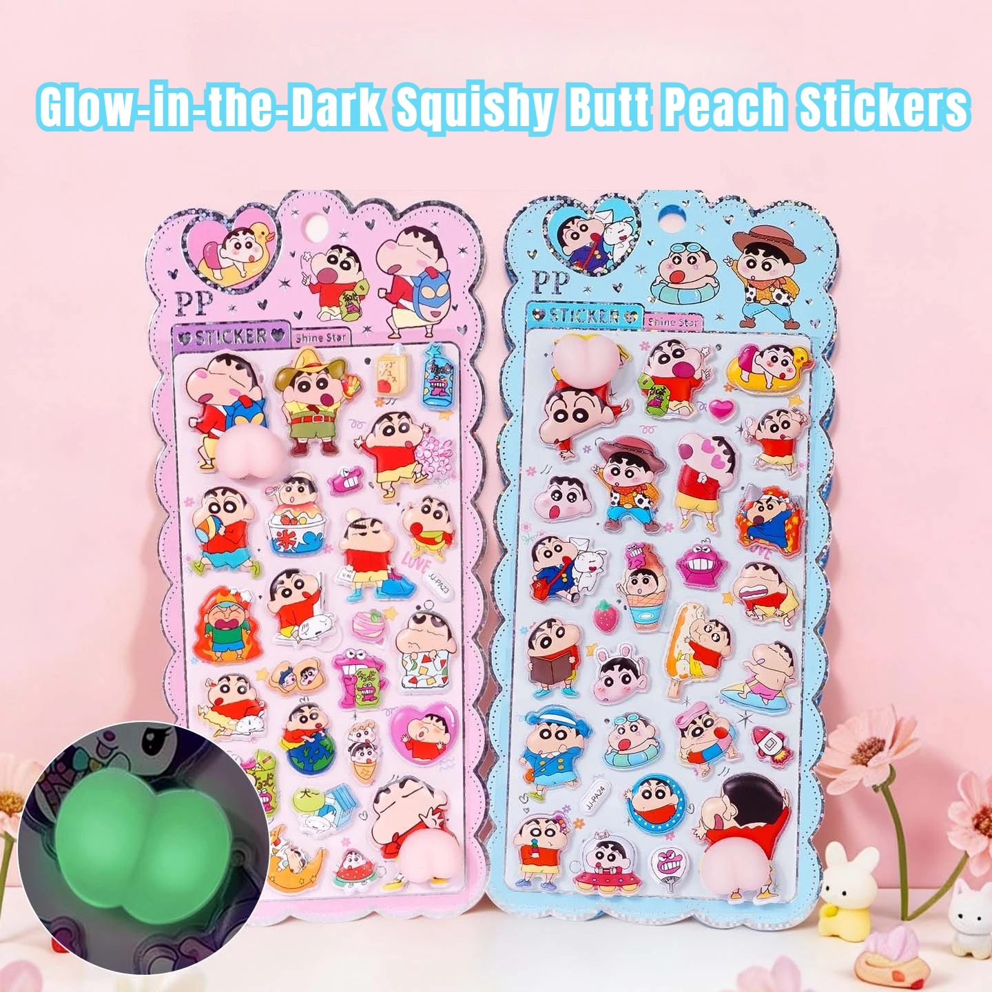 かわいいクレヨンしんちゃん 光るソフトピンチ3Dぷっくりお尻ステッカー ストレス解消 キュートDIYスマホケースボトルデコステッカー