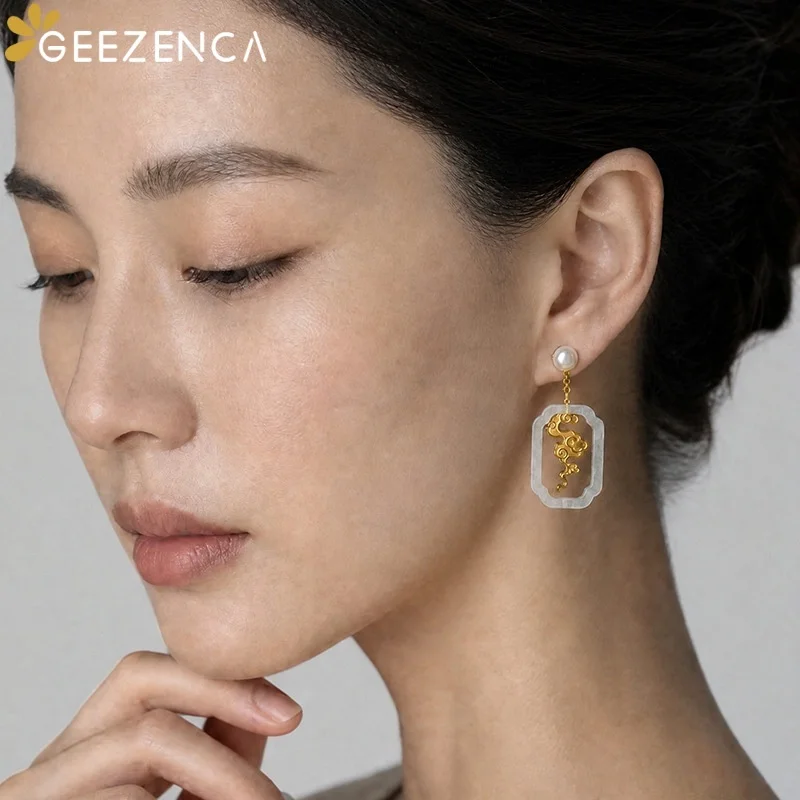 GEEZENCA Pearl S925 Silver Cloud Green White Stone Garden Window Charm Drop Earrings Women Dainty Vintage Statement Earring Gift
