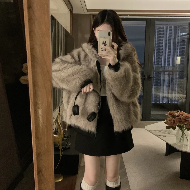 Faux Mink Fur Hooded Parkas Coats Women Short Solid Jackets Reversible Pocket Long Sleeves Slim Office Lady Casual 2025 Winter
