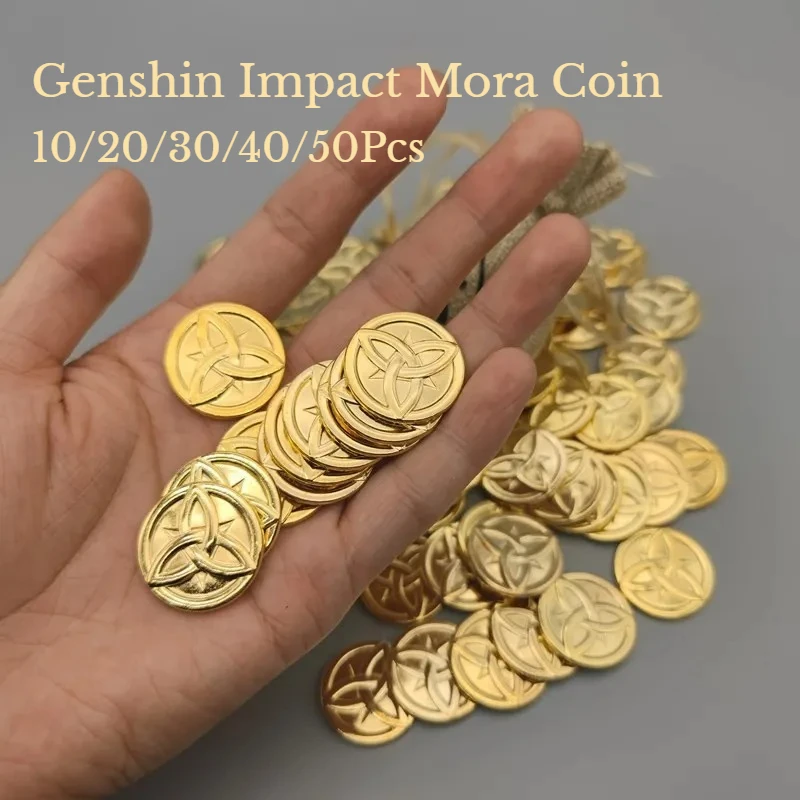 Genshin Impact Mora Coins with Bag 10/20/30/40/50Pcs Anime Golden Collection Prop Cosplay Trengthen Equipment Rock God Fans Gift