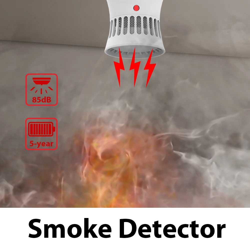 CPVAN Sensor Detector de humo para seguridad del hogar, alarma de humo independiente, 85dB, sistema de protección de seguridad, batería de 5 años