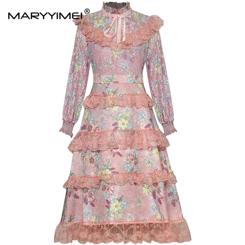 

MARYYIMEI Fashion Designer dress Autumn Women's Dress Stand Collar Long sleeve Lace Cascading Ruffle Floral Print Dresses