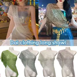 Ethnischer Stil Thailand Schal Glitzer Schal Mesh Wrap Cape Thai Traditioneller Schal Wrap mit Perlen Bling Südostasiatisches Kostüm