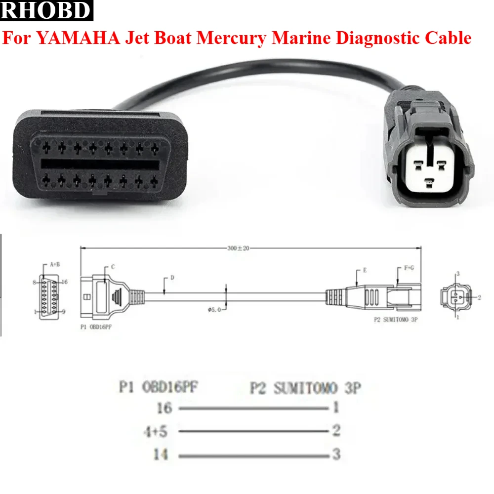 OBD 16PIN To 3-pin Connector for YAMAHA Jet Boat Mercury Marine Diagnostic Cable, 3-pin OBD 2 Scanner Wire Diagnostic Tool