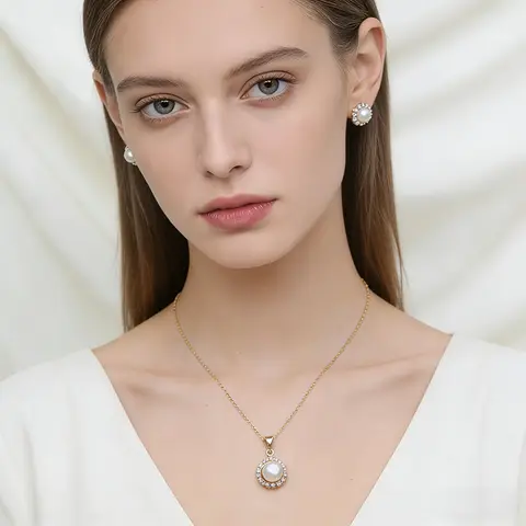 Wedding Natural Freshwater Necklace Earring Set Woman,Cute 925 Silver Pearl Set Wife Mother Birthday Gift White Black