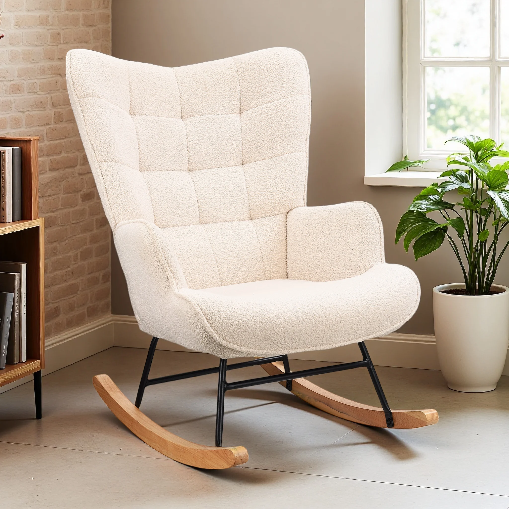 Rosahqnda Chaise à bascule, chaise repose-bras, chaise rembourrée avec patins en bois, aspect polaire berbère, chaise relaxante pour salon, chambre à coucher