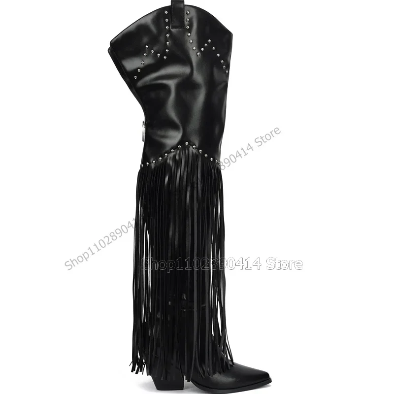 

Black Tassels Rivets Decor Pointed Toe Boots Back Zipper Women Shoes Chunky Heels Fashion Party Runway 2023 Zapatos Para Mujere