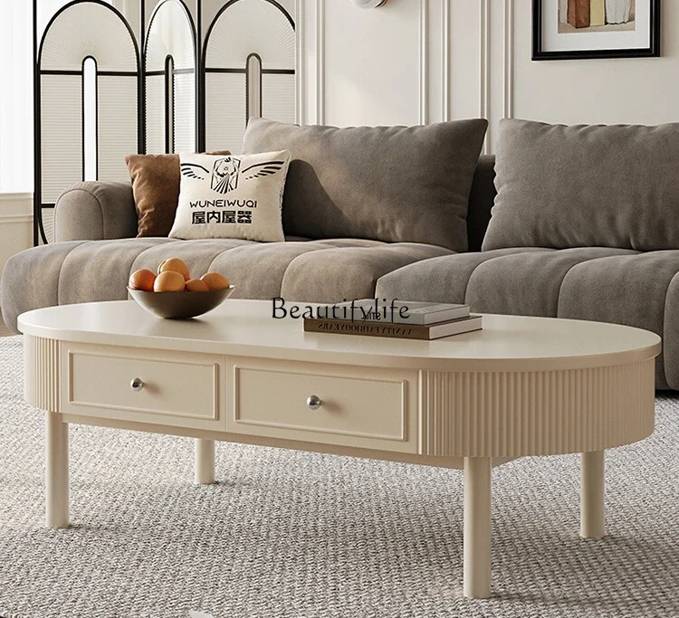 

FG26Cream Style Tea Table Modern Minimalist Living Room Oval High Leg Storage Tea Table Combination
