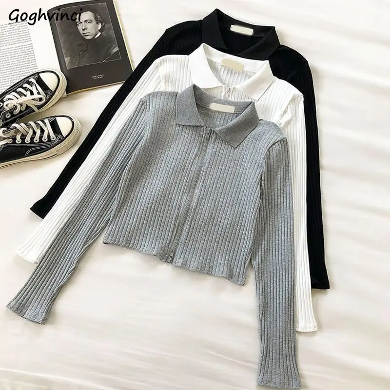 

Cardigan Women Long-Sleeves Crop Slim Zipper Solid Basic Autumn New Arrivals All-match Leisure Female knitting Sexy Korean Chic