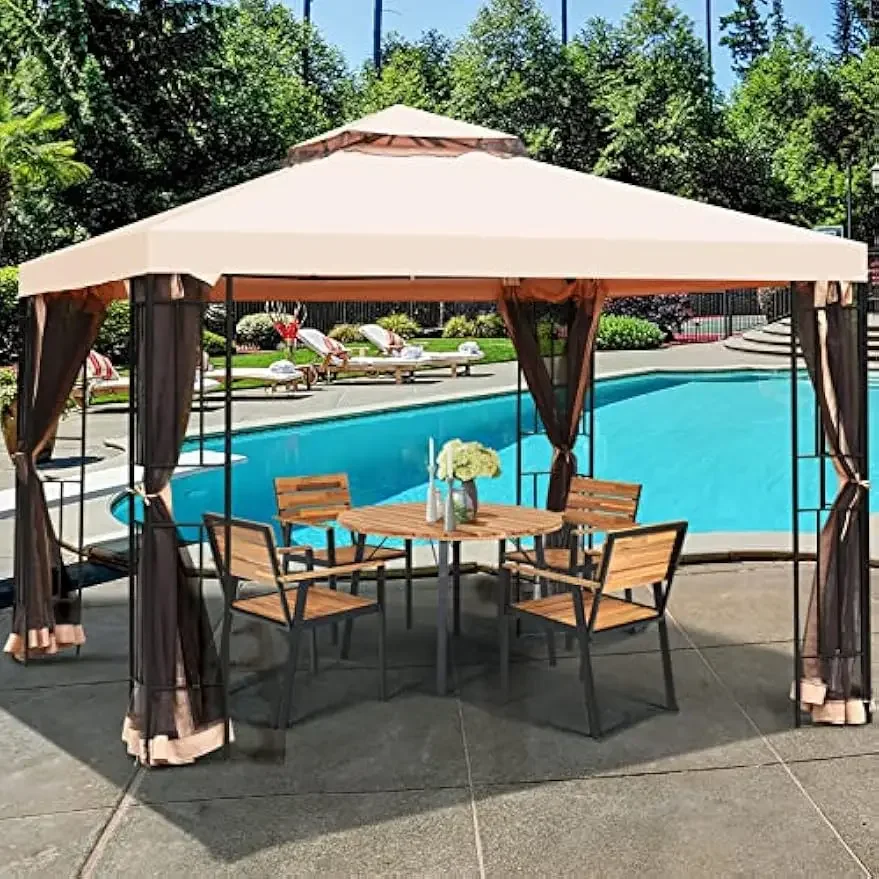 10x10 Feet Patio Gazebo, Outdoor Steel Gazebo with Netting, Double Vented Roof, Outdoor Patio Pavilion Shelter w/ 100 Square