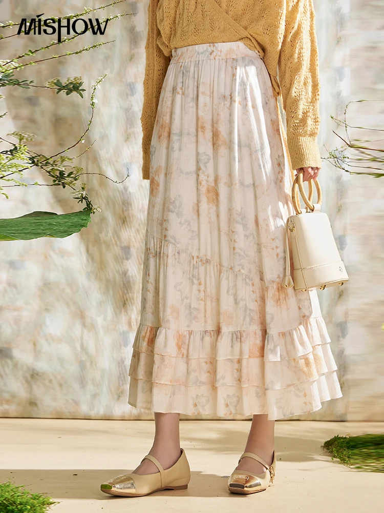 MISHOW falda Floral con pintura de lavado de tinta para mujer Primavera Verano 2024 faldas elegantes de cintura elástica con dobladillo con volantes