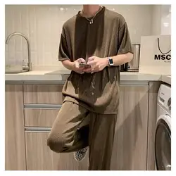 Summer Ice Leisure Sports Suit Men's Trend Fashion Ice Men's T-shirt Korean Relaxed Drape Short Sleeve+Trousers Set