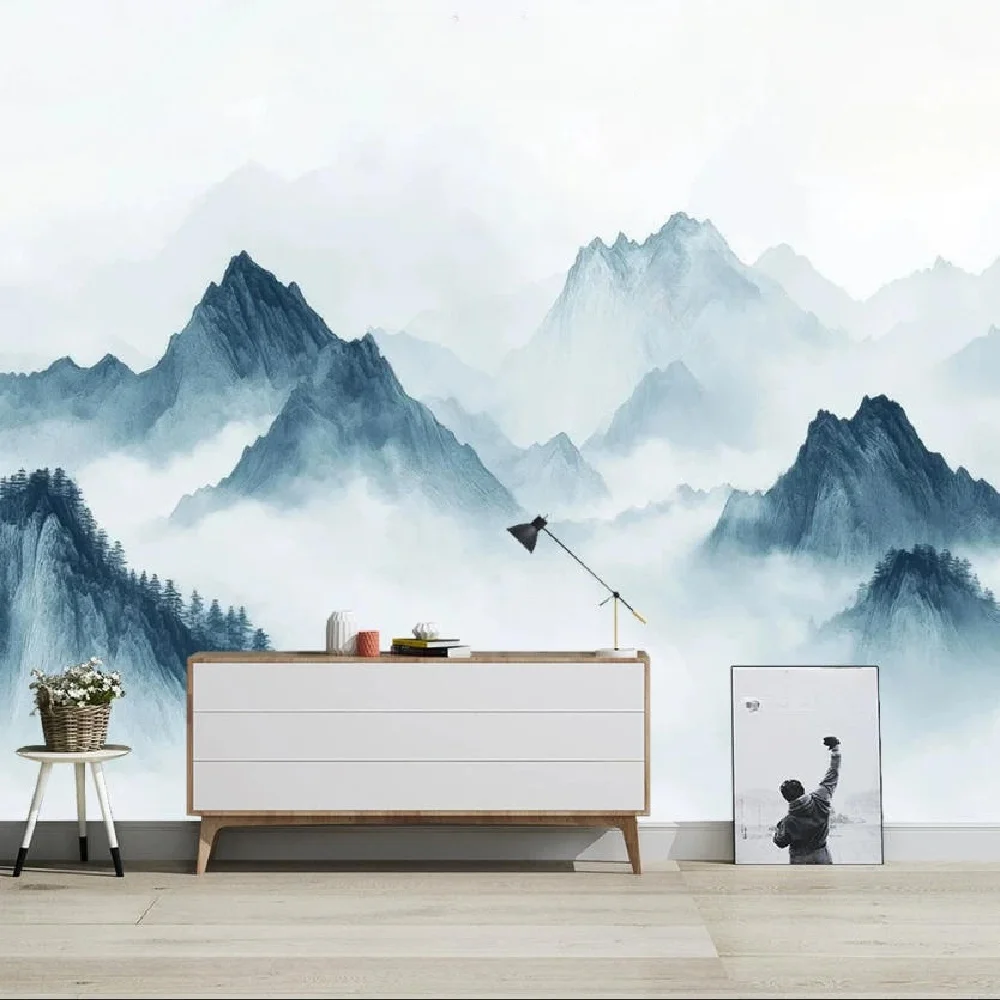 Customize any size design drawing wallpaper Chinese retro ink landscape living room study background wall decoration wallpaper