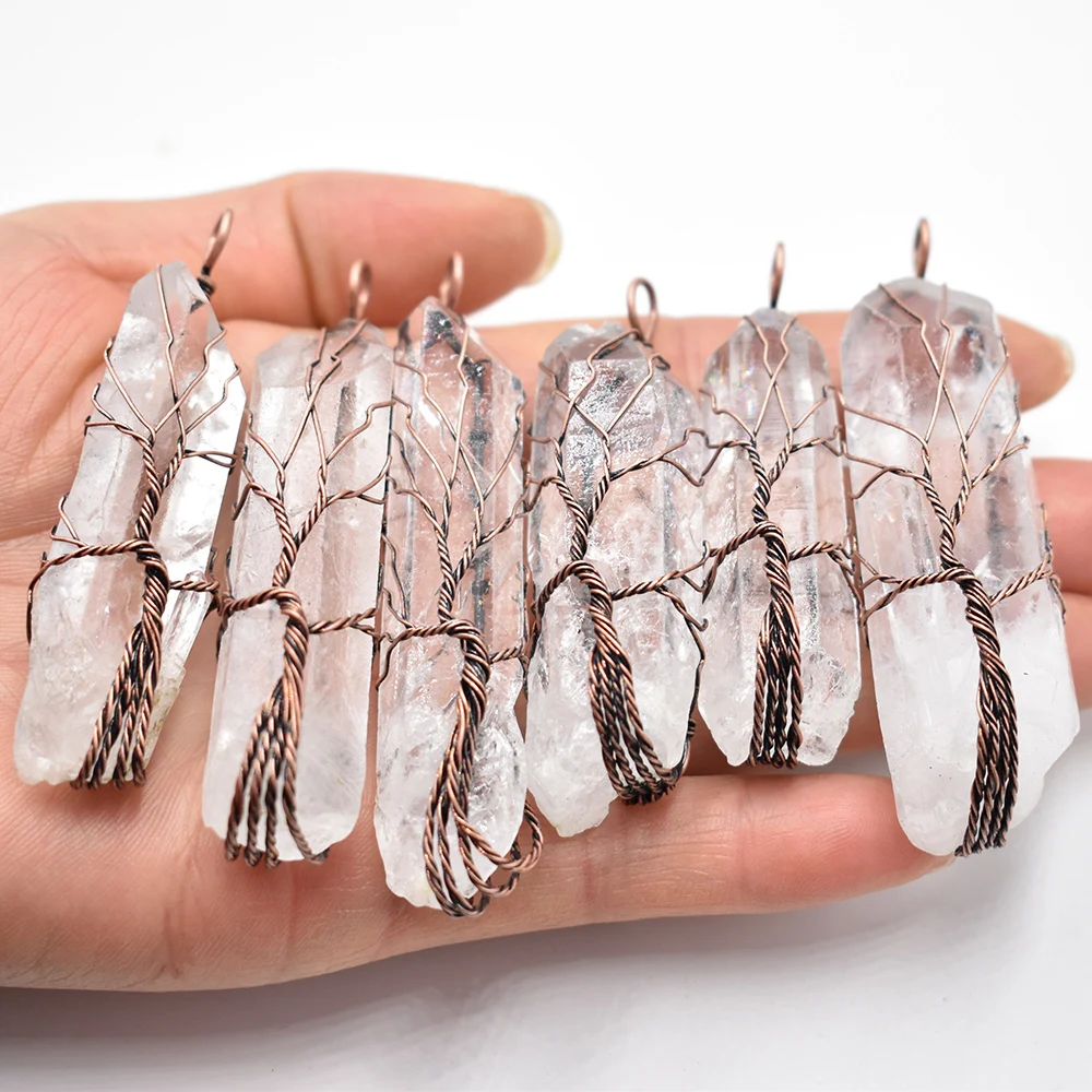 Natural White Crystal Pillar Pendants Handmade Antique Copper Wire Wrapped Tree of Life Wholesale 6Pcs/Lot for Necklace Jewelry