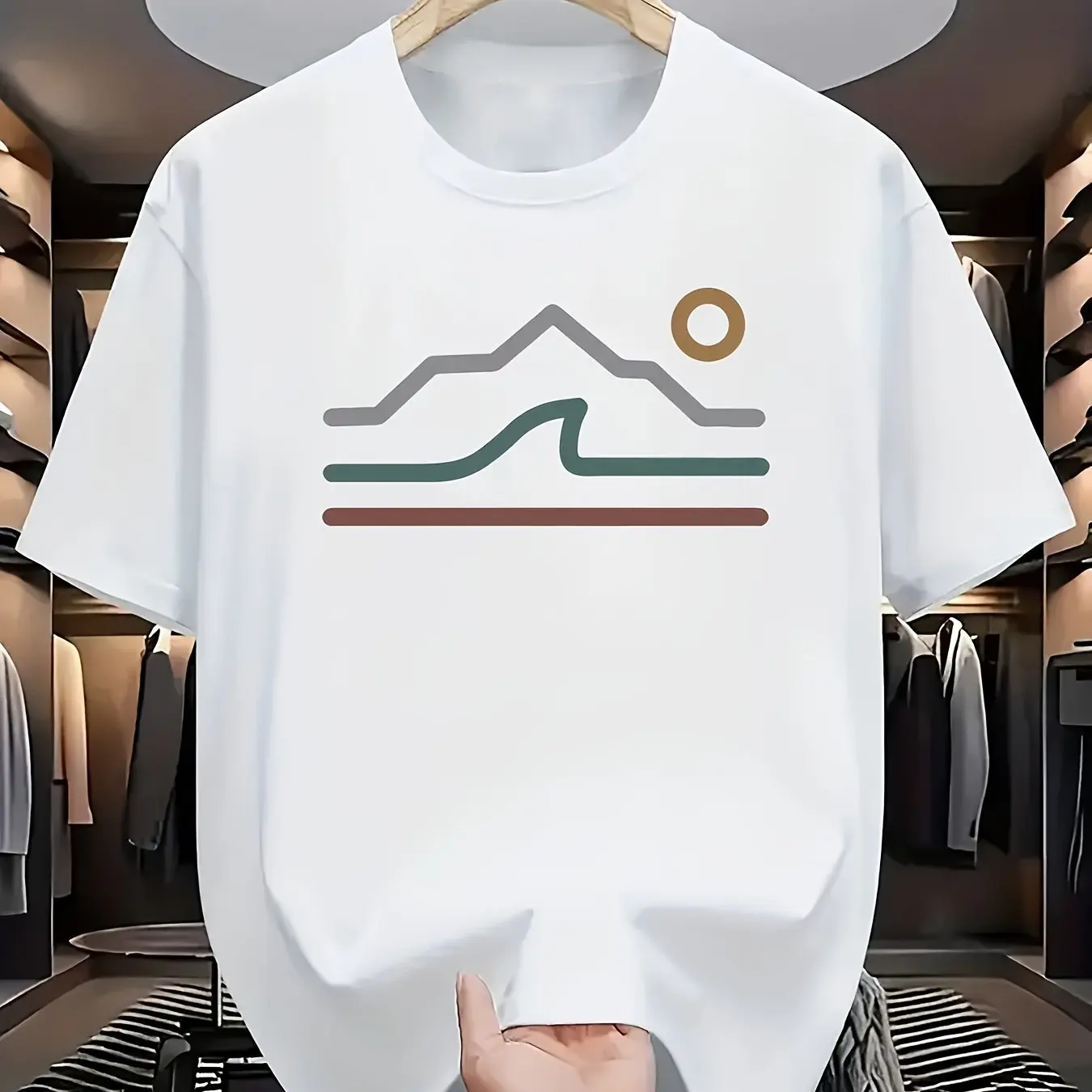 Minimalist Line Style Mountain Sunrise Pattern Print White Short Sleeve T-Shirt, Creating A Fresh and Natural Style