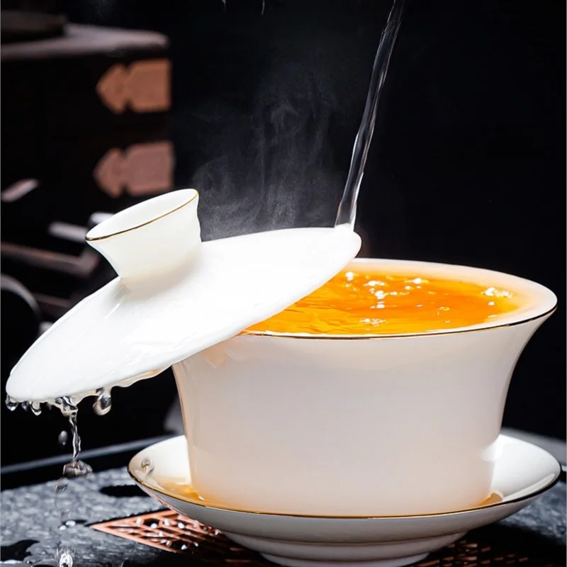 

350ML extra-large lamb fat jade white porcelain cover Single teacup household tea set hovering