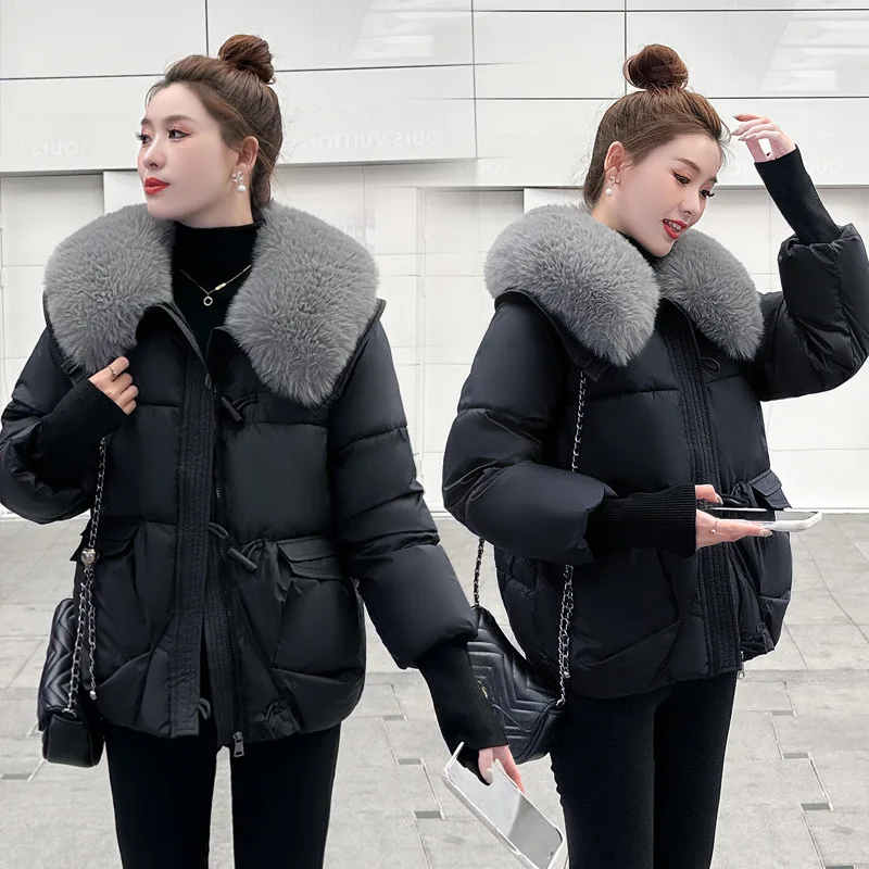 New Winter Parkas Short Cotton Jacket Women Fur Collar Hooded Thick Warm Cotton Padded Coat Female Windbreakers Outerwear