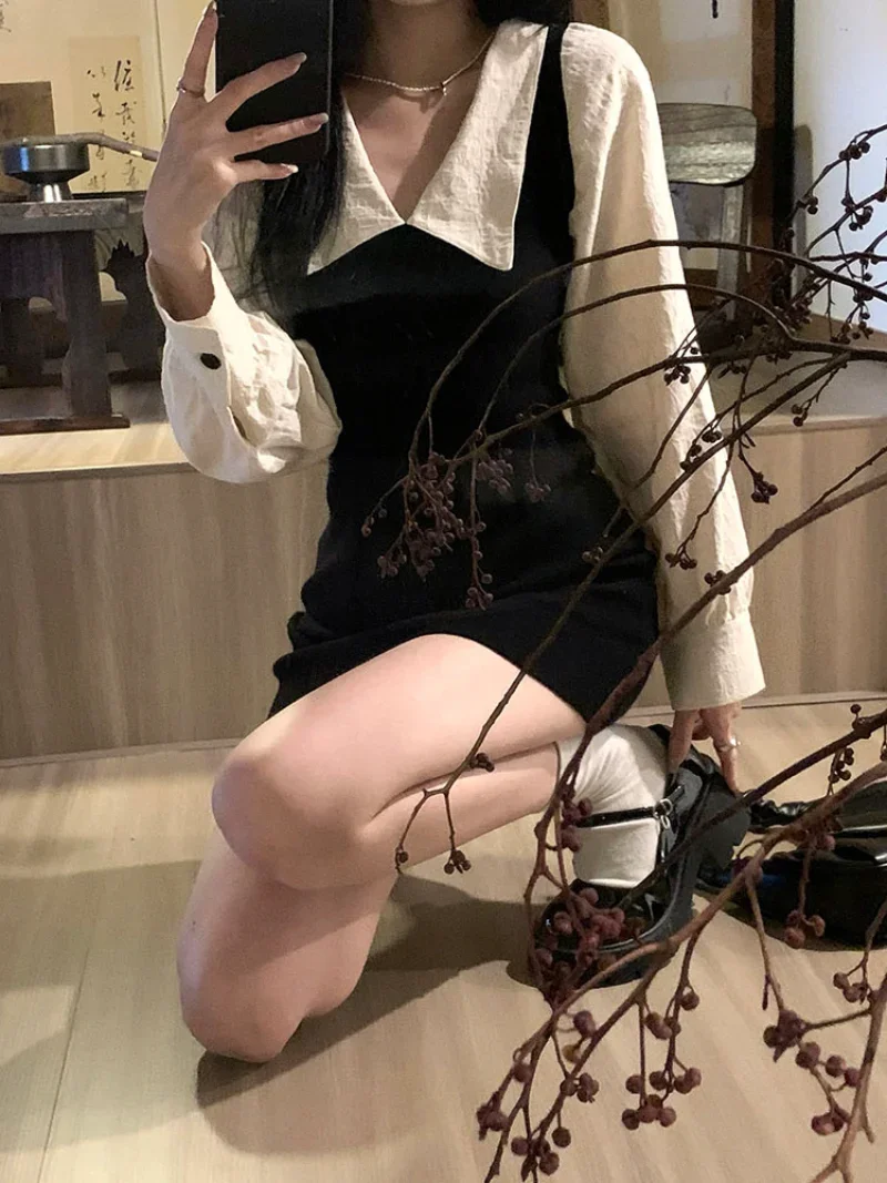 

Preppy Long Sleeve Mini Dresses For Women Korean Fashion Style Cute Sexy Peter Pan Collar A-line Casual Vestidos Chic Sukienki