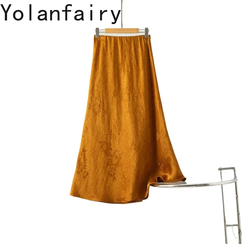 YOLANFAIRY High-end Watered Gauze Skirts Long Women Clothing 100% Real Mulberry Silk Skirt Elastic Waist Elegant Skirt Luxury