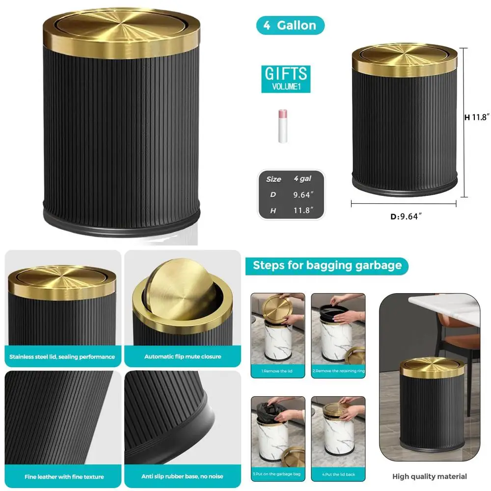 

15L Modern Black Leather-Look Bathroom Trash Bin with Lid, Suitable for Home, Office, and Hotel Use