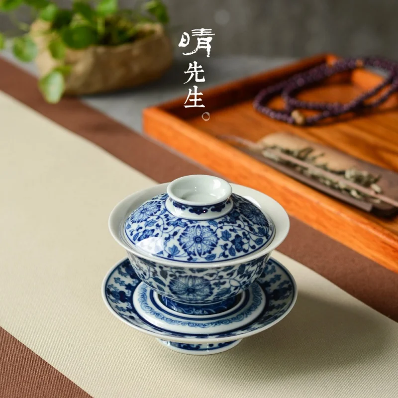 

Ceramic Sancai Gaiwan Tea Cup Hand-Painted Underglaze Blue and White Porcelain Landscape Tea Brewing Bowl Handmade Jingdezhen Ku